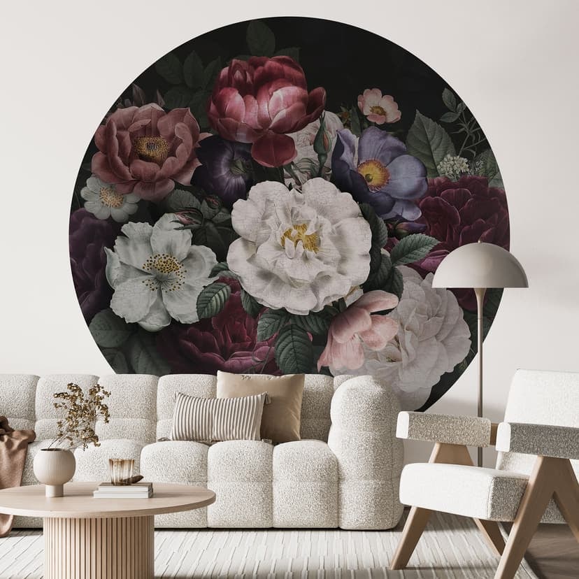 Fototapeta Floral Still Life Redouté Style - Bloomery Decor - okrągła - samoprzylepna/nie tkana