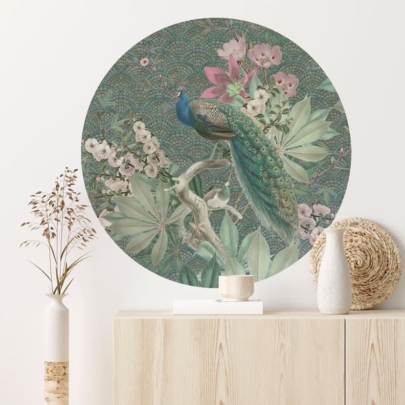 Naklejka na ścianę Paw w tropikalnym ogrodzie na mozaice - Bloomery Decor - Okrągła