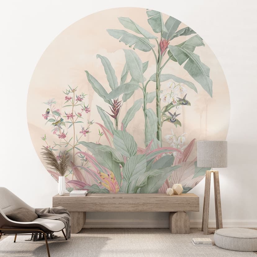 Tropikalna idylla z kolibrami Fototapeta - Bloomery Decor - Okrągła - Samoprzylepna / włókninowa
