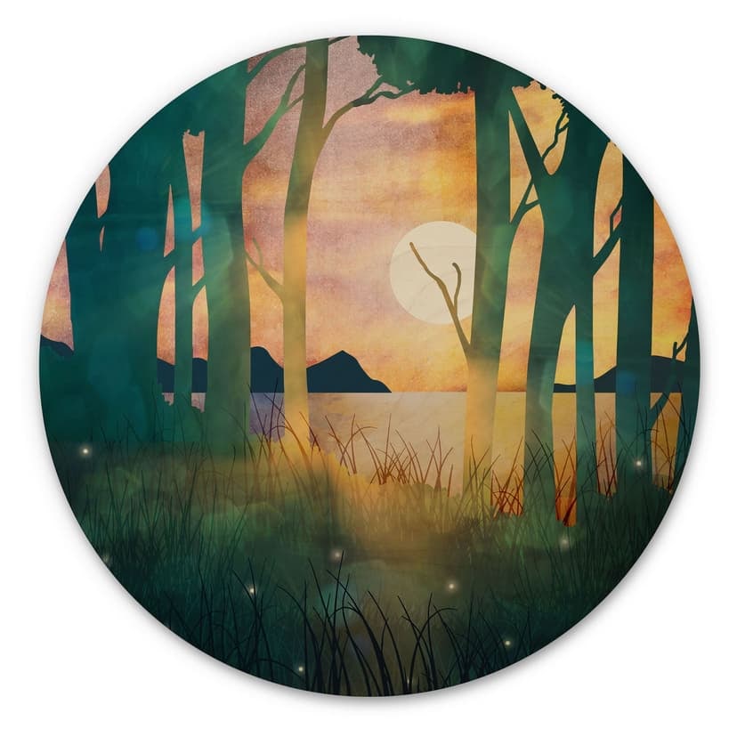 Obraz drewniany magia lasu o zachodzie słońca - SpaceFrog Designs - Round