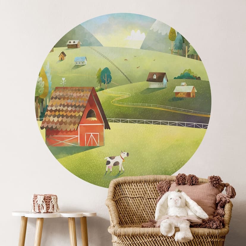 Kolorowa naklejka na ścianę farma w górach - DigitalArtsi - Round