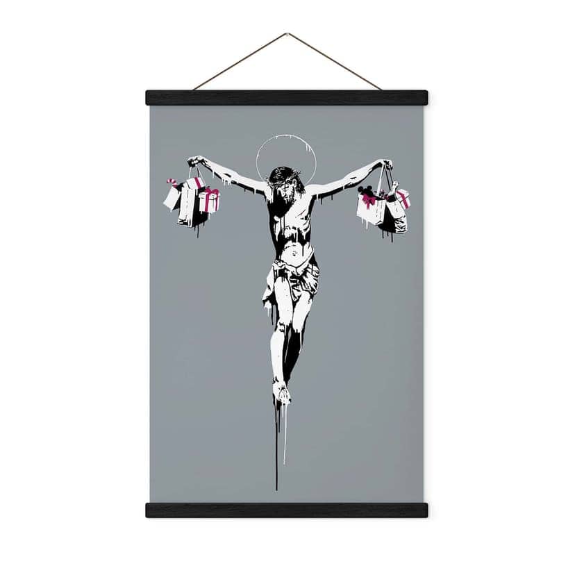 Obraz z tkaniny Banksy'ego - Jezus Chrystus z torbami na zakupy