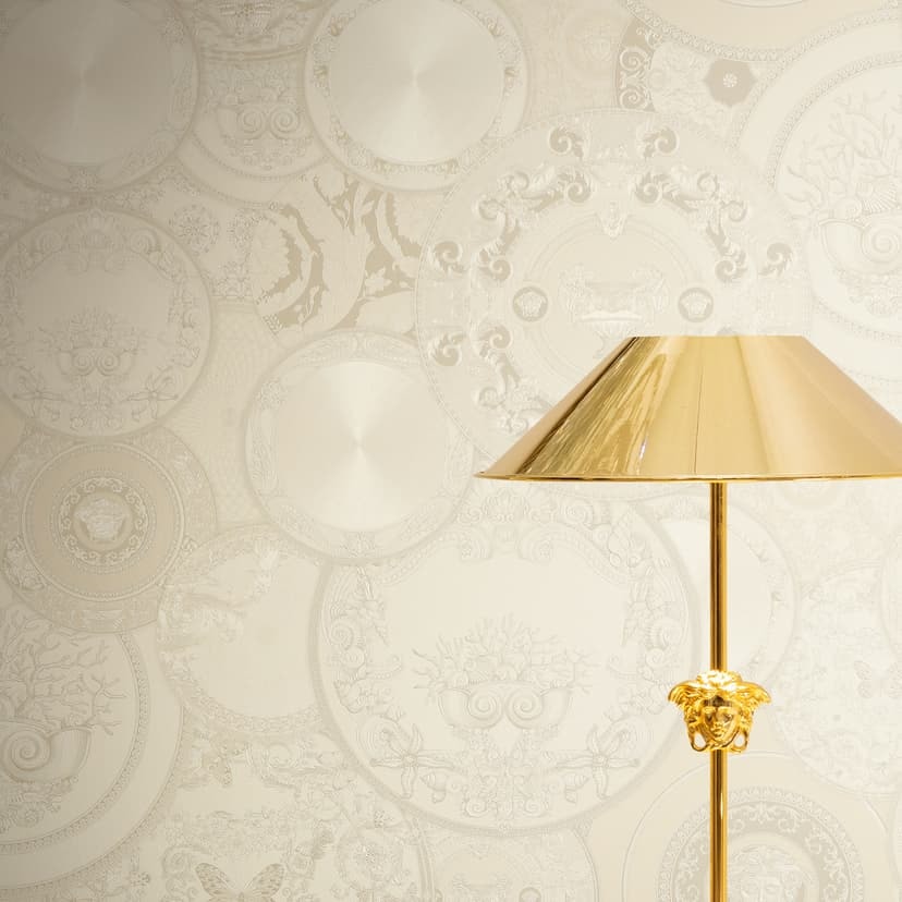 Versace Tapeta z włókniny Art De La Table Circles Floral Meander Medusa Beige Metallic
