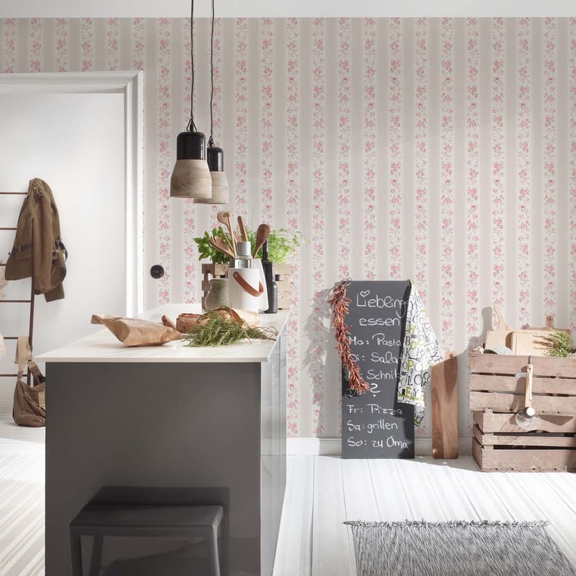 Floral beige white - włókninowa tapeta Country House A.S. Création - matowa i lekko teksturowana