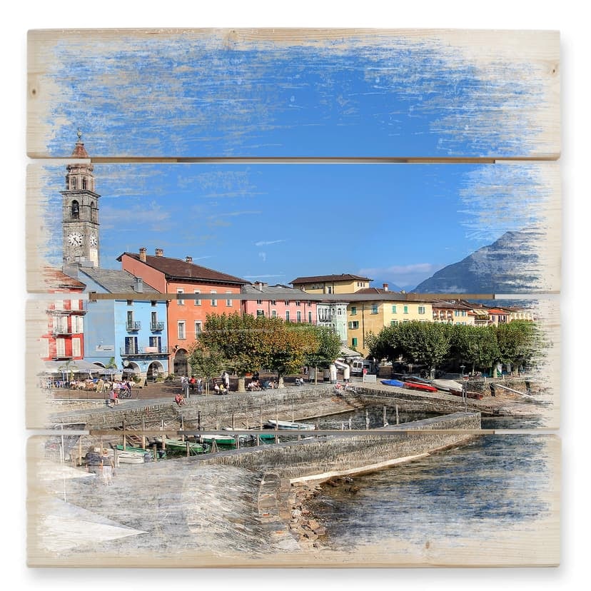 Obraz drewniany promenada portowa nad jeziorem Maggiore - 40x41,5 cm