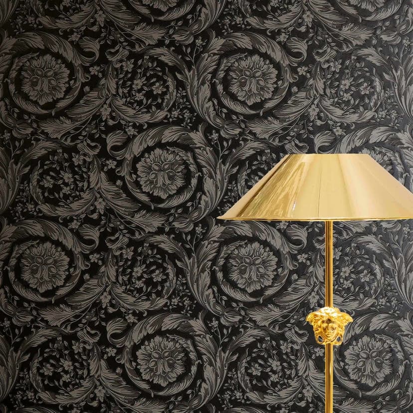 Versace Tapeta z włókniny Barocco Neo klasyczne kwiatowe wąsy szary czarny elegancki