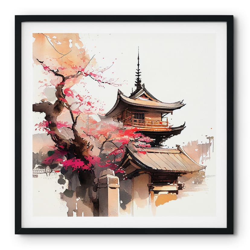 Plakat Japońska pagoda z kwiatami wiśni - Jaszke - Square