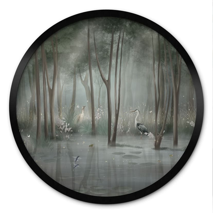 Plakat Cloud Forest at Lake with Heron in Green - Ms Tiff - Okrągły