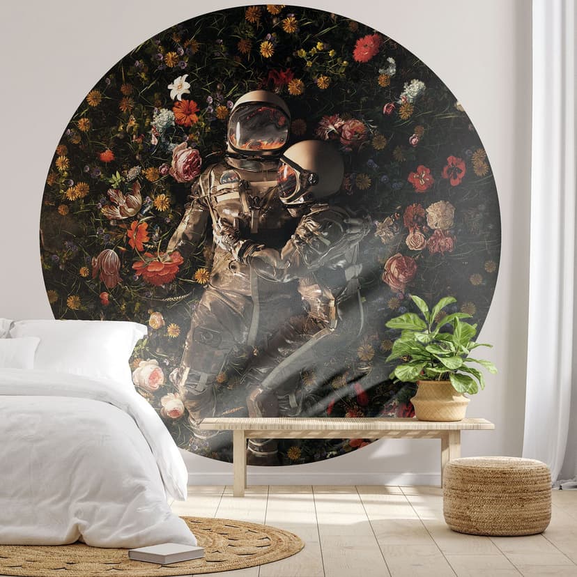 Fototapeta astronauci na kwiecistej łące - Nicebleed - Round - tapeta flizelinowa/tapeta flizelinowa
