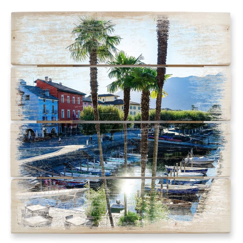 Obraz drewniany port nad jeziorem Maggiore - 40x41,5 cm