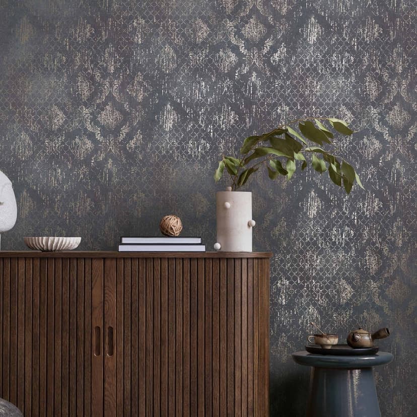 Tapeta ozdobna niebiesko srebrna - Tapeta z włókniny z połyskiem i ornamentami w stylu vintage