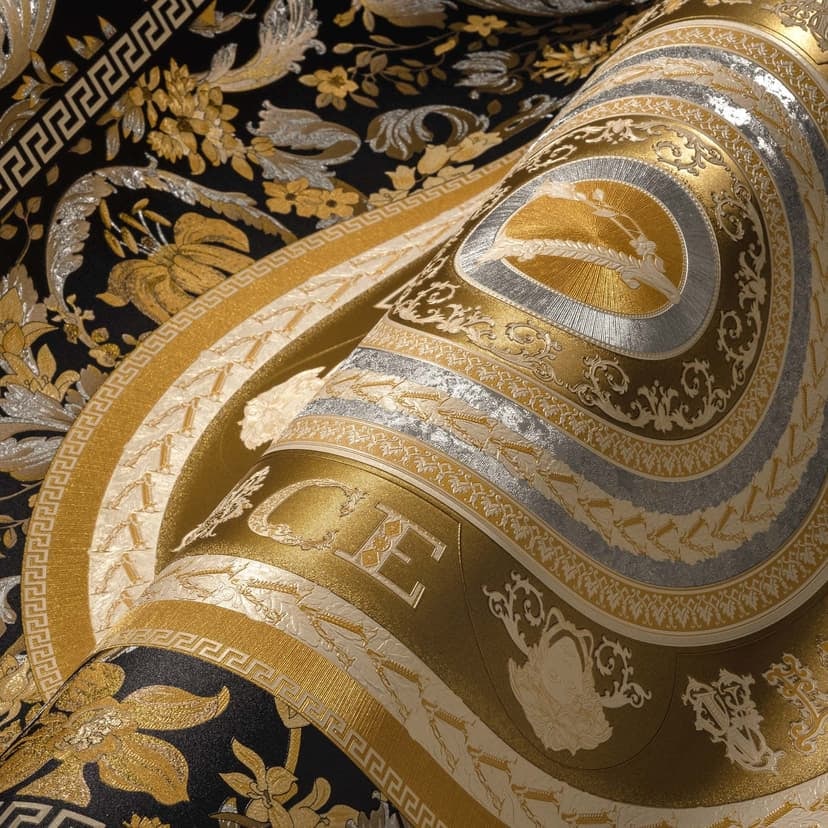 Tapeta Versace Home złoto czarna klasyczna luksusowa designerska tapeta z włókniny w kwiaty