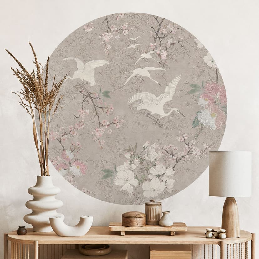 Naklejka na ścianę Żurawie w kwiecie wiśni beżowa - Bloomery Decor - okrągła