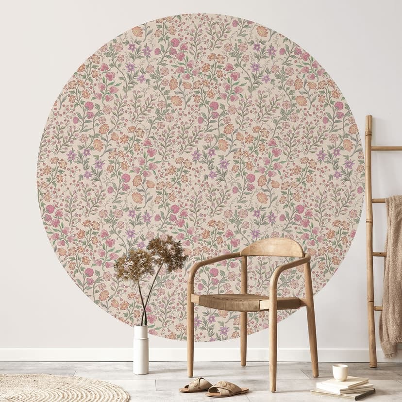 Fototapeta Vintage meadow flowers - beżowa - Bloomery Decor - okrągła - samoprzylepna / nietkana
