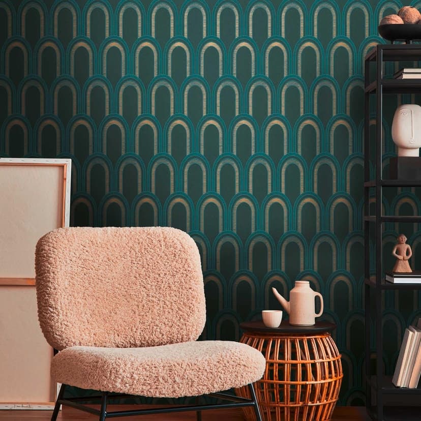 Wzorzysta tapeta z łukami w stylu art deco zielono niebieska - graficzna tapeta w stylu retro