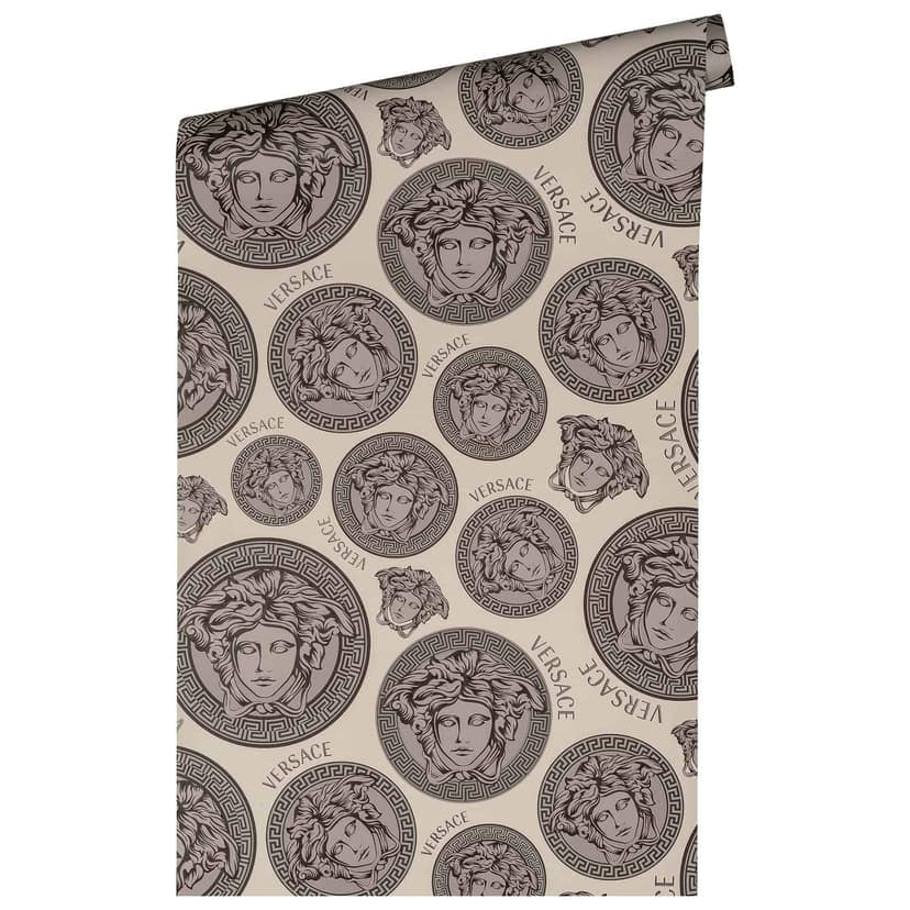 Versace Home designerska tapeta Głowa Meduzy luksusowa tapeta z włókniny beżowo-szara tapeta