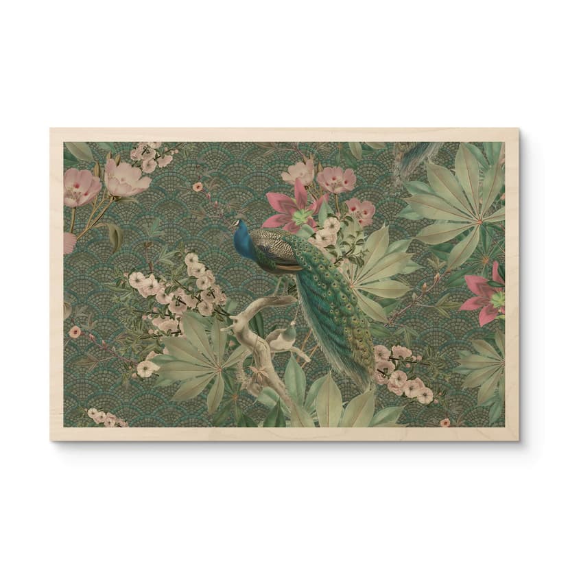 Obraz drewniany paw w tropikalnym ogrodzie na mozaice - Bloomery Decor
