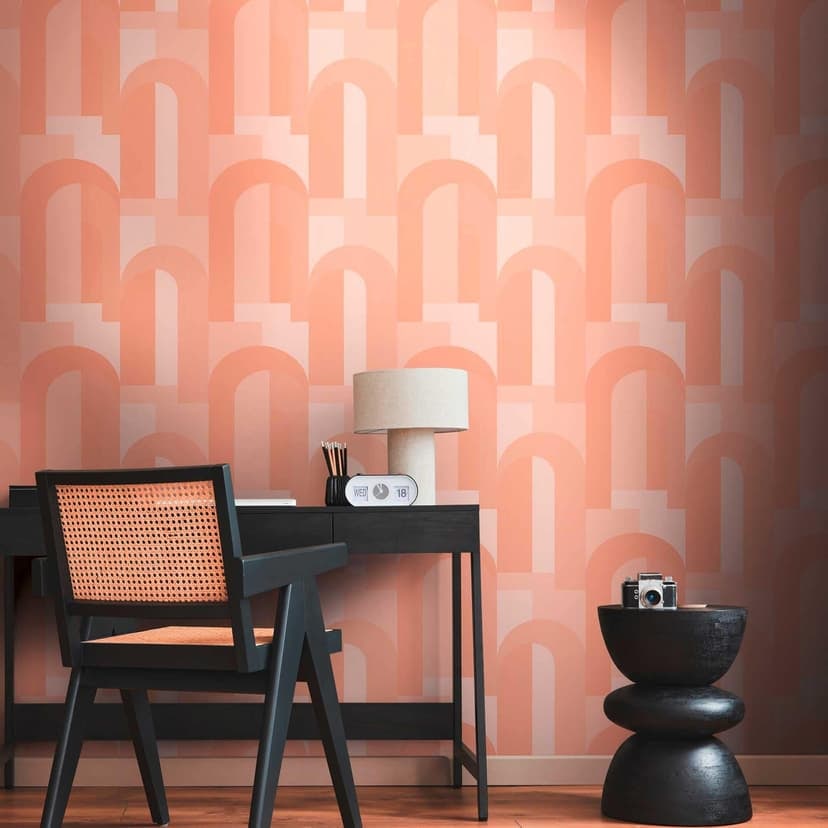 Graficzna tapeta w stylu art deco pomarańczowo-beżowa - tapeta flizelinowa z próbkami w stylu retro