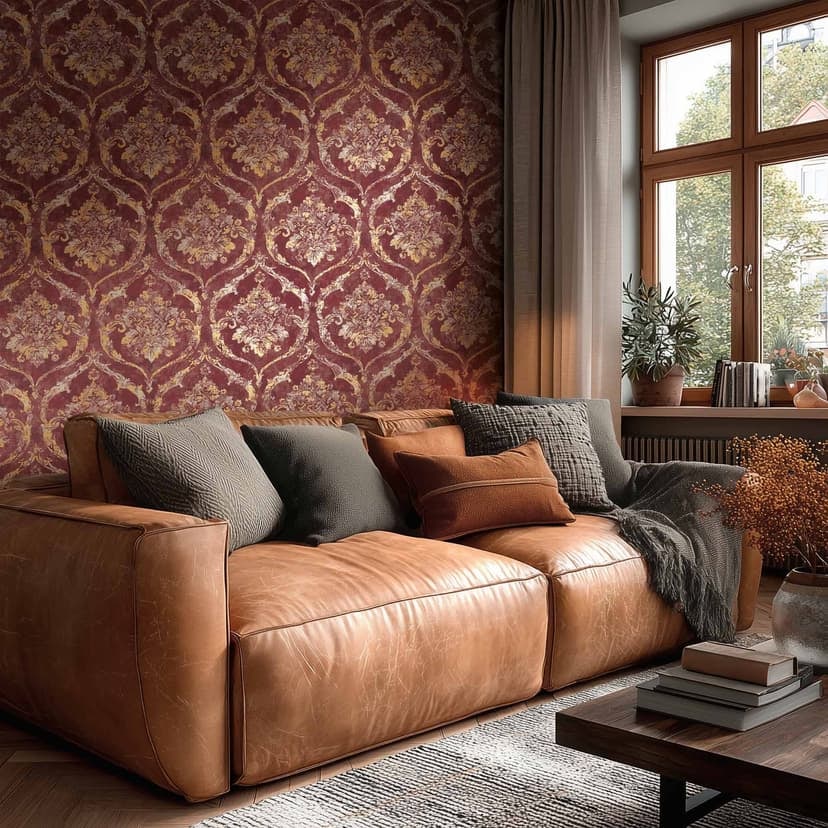 Tapeta z włókniny Davide Ornament Red Metallic - Maison Du Temps Neoklasycystyczny salon przedpokój kuchnia