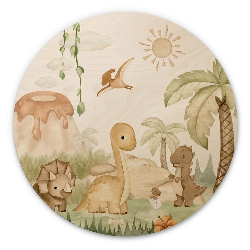 Obraz drewniany Małe dinozaury w wielkiej podróży odkrywczej - Oliver Robins - Round