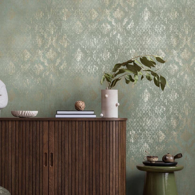 Tapeta ozdobna miętowa zieleń srebro - błyszcząca tapeta z włókniny z próbkami w stylu vintage