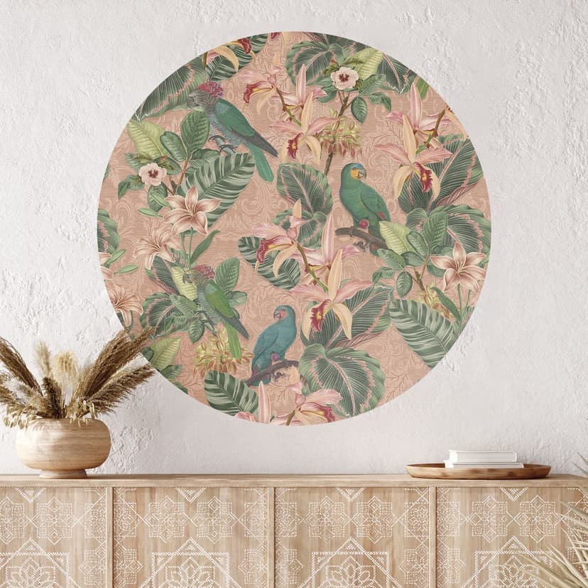 Naklejka na ścianę dżungla z papugami różowa - Bloomery Decor - Okrągła