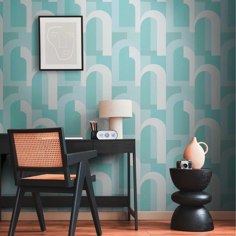 Graficzna tapeta w stylu art deco turkusowo-biała - tapeta flizelinowa z próbkami w stylu retro