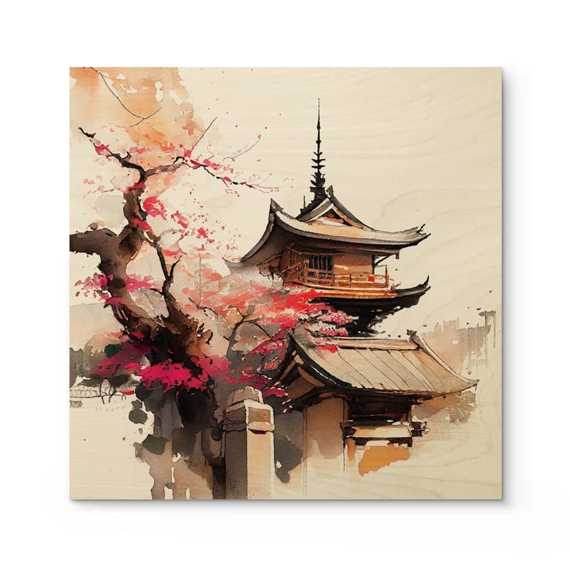 Plakat drewniany Japońska pagoda z kwiatami wiśni - Jaszke - Square