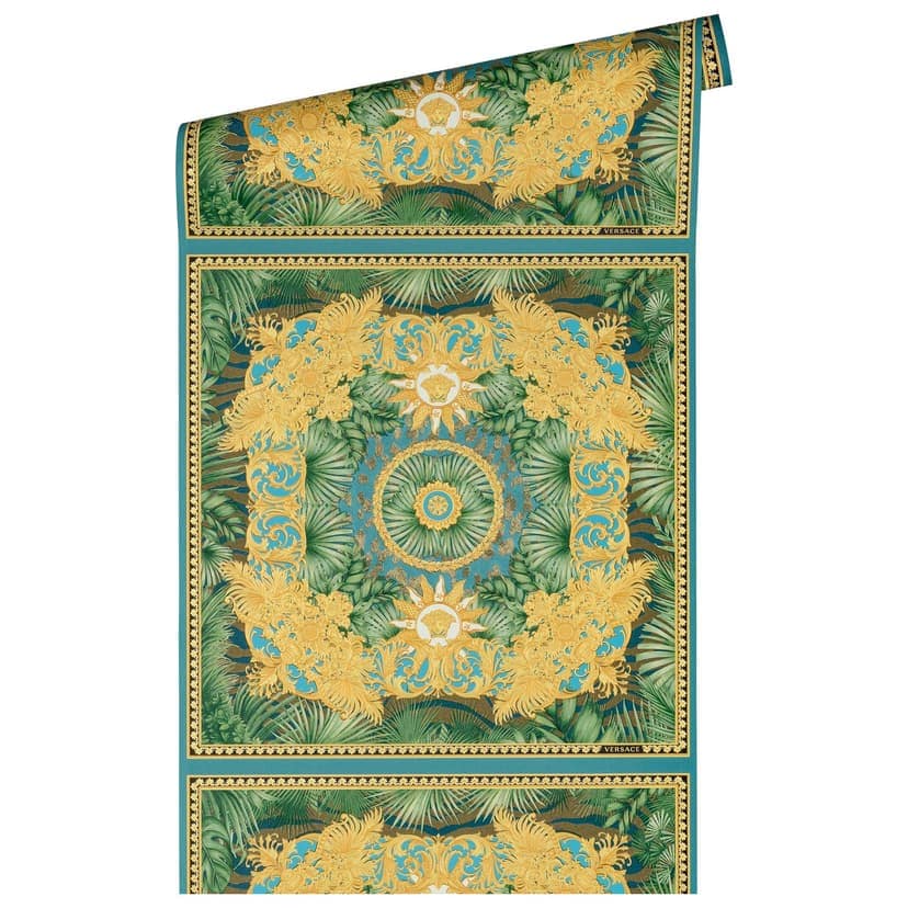 Versace Home tapeta dżungla złota zieleń designerska luksusowa tapeta z włókniny liście palmy