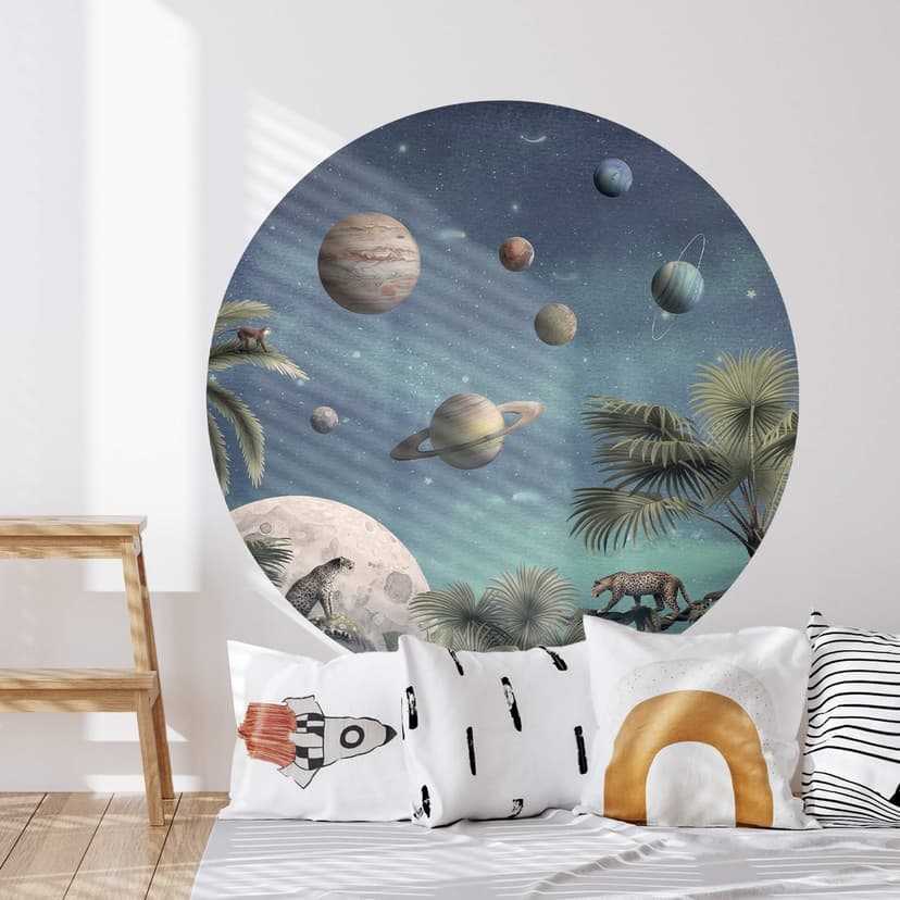 Naklejka na ścianę Kikki Belle - Tropikalny świat fantasy z planetami i palmami - Okrągła