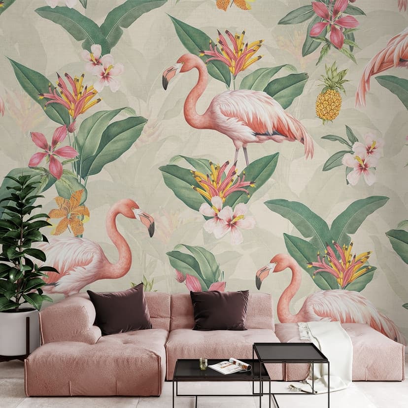 Fototapeta na lato - flaming i tropikalne liście - Bloomery Decor