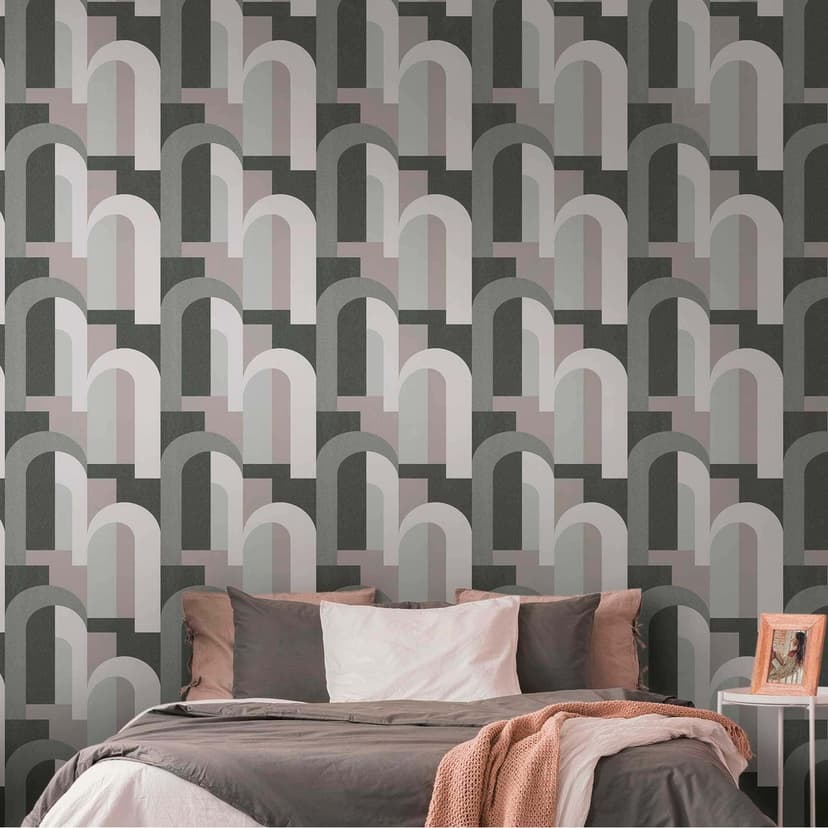 Graficzna tapeta w stylu art deco szaro-czarna - tapeta flizelinowa z próbkami w stylu retro