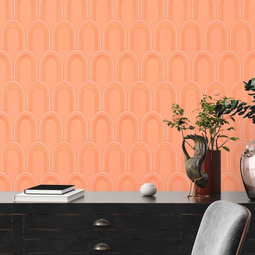 Wzorzysta tapeta z łukami w stylu art deco pomarańczowy biały - tapeta graficzna w stylu retro