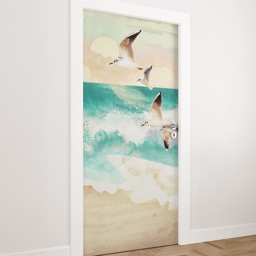 Folia na drzwi Mewy na plaży - SpaceFrog Designs - Samoprzylepna dekoracja na drzwi