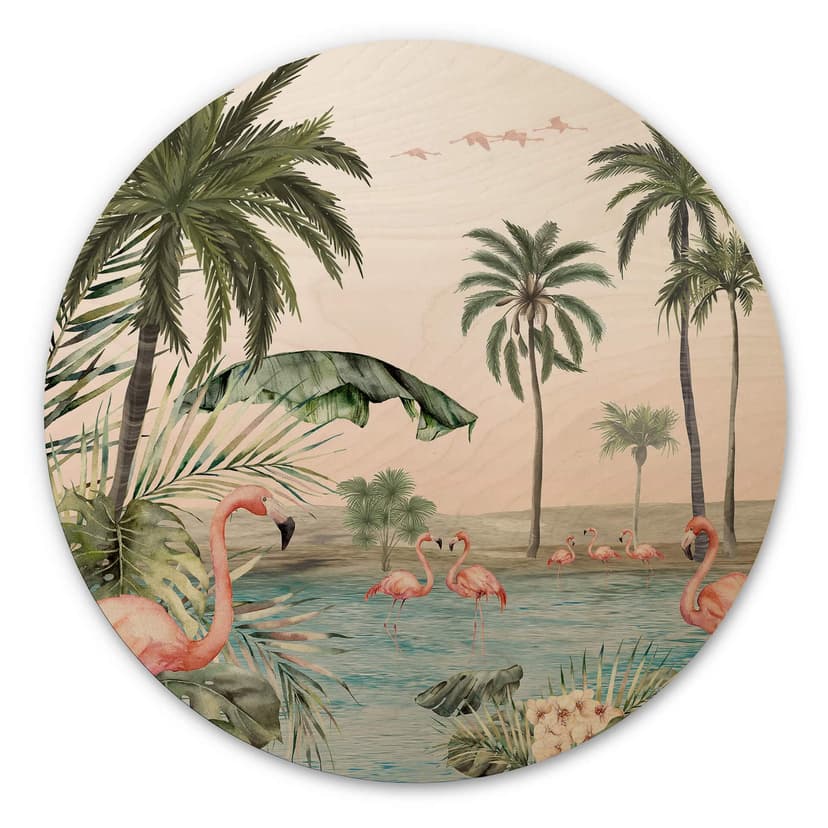 Obraz drewniany Kikki Belle - Flamingo Oasis - okrągły
