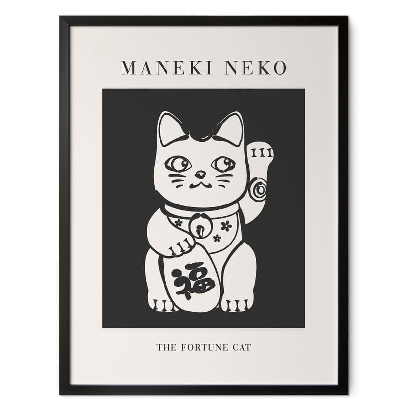Czarno-biały Plakat Maneki Neko - Szczęśliwy kot - KsanaKalpa