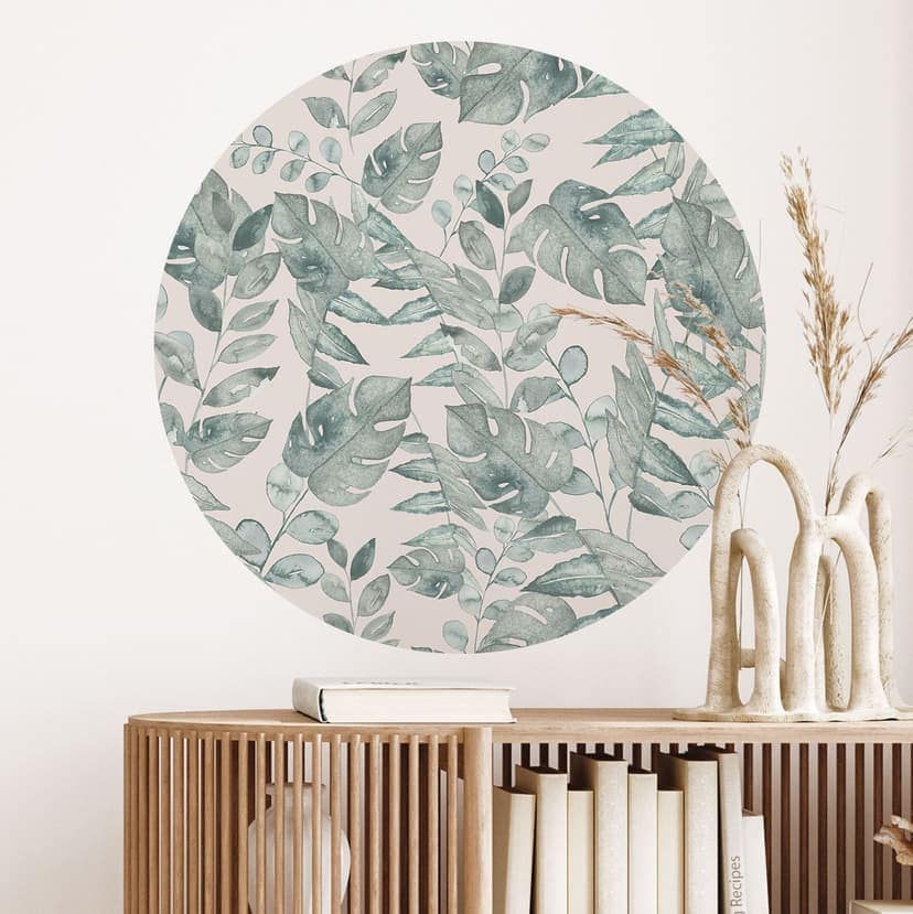 Kremowa akwarelowa naklejka na ścianę liście dżungli - Bloomery Decor - okrągła