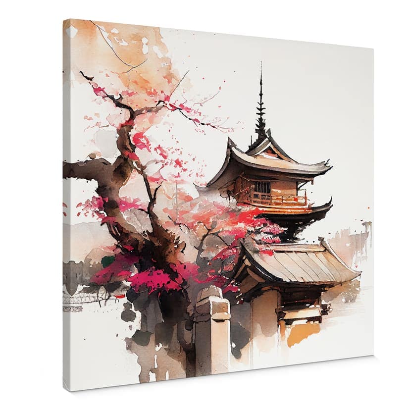 Obraz na Płótnie Canvas Japońska Pagoda z Kwiatami Wiśni - Jaszke - Kwadratowy