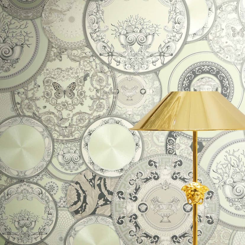 Versace Tapeta z włókniny Art De La Table Circles Meander Medusa Green Grey Metallic