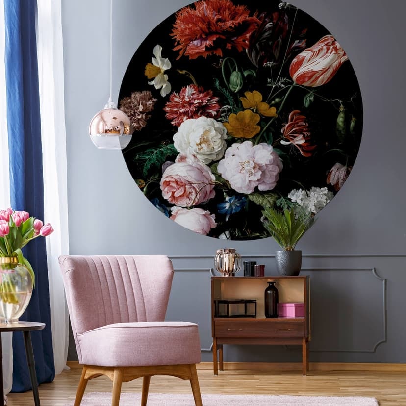 Fototapeta Heem - Martwa natura z kwiatami w szklanym wazonie - Okrągła - tapeta flizelinowa/tapeta