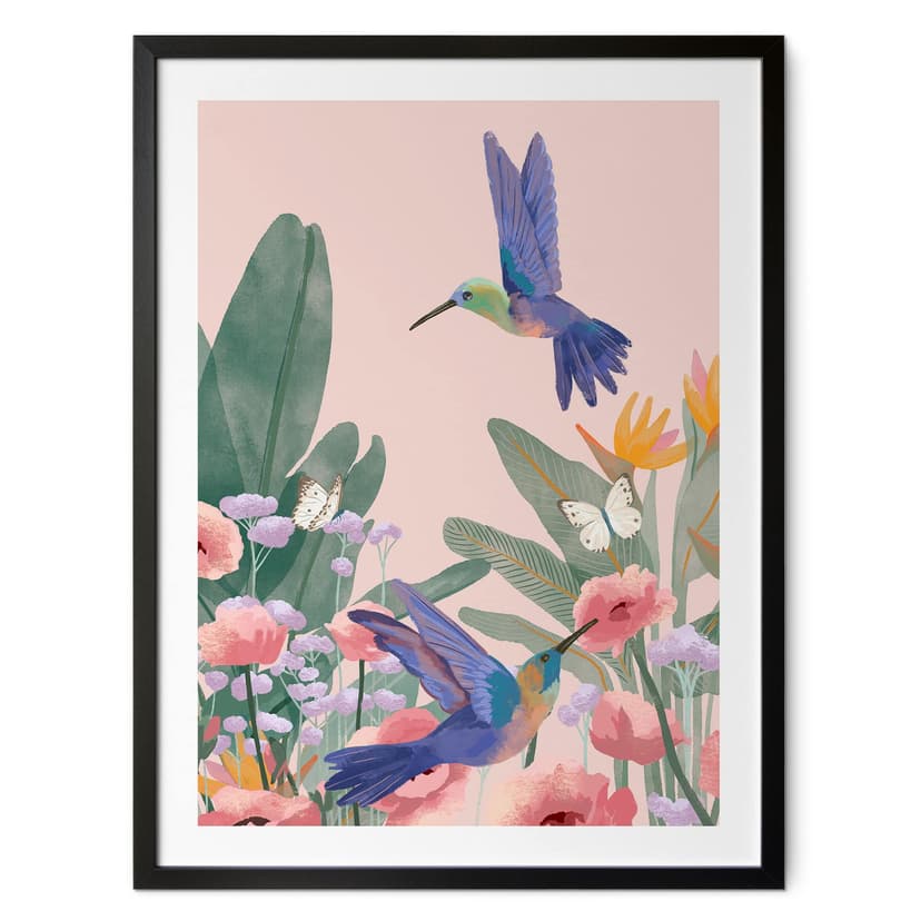 Plakat Dwa kolibry na kolorowej kwiatowej łące - Goed Blauw