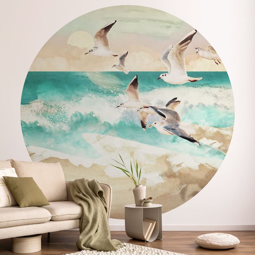 Fototapeta z mewami na plaży - SpaceFrog Designs - Round - tapeta flizelinowa/tapeta flizelinowa sam