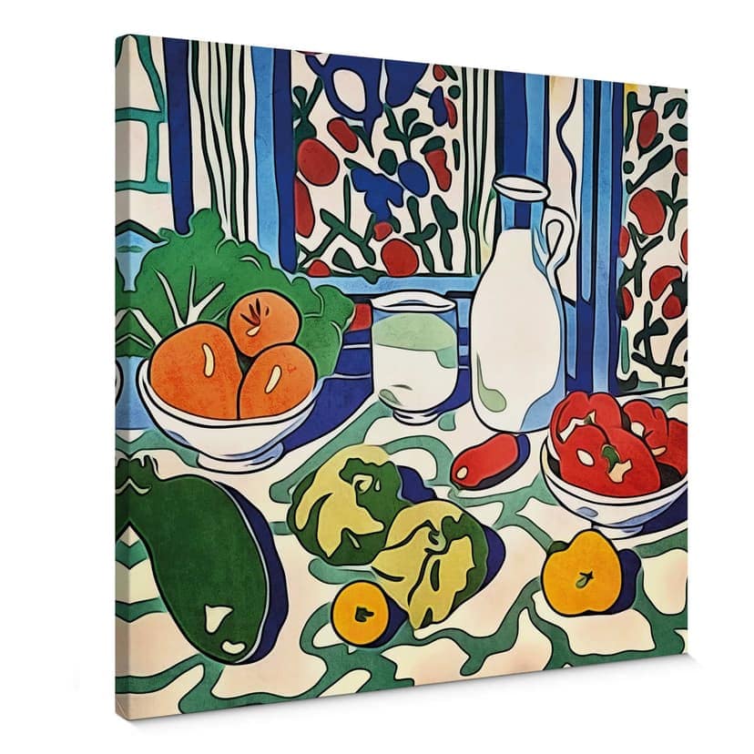 Obraz na płótnie Owoce i warzywa na kuchennym stole - Inspirowane Matisse - Zamart