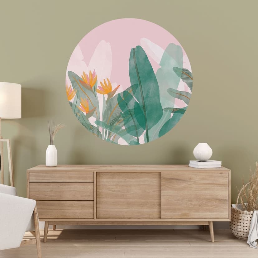 Naklejka na ścianę z ilustracją botaniczną w kolorze zielonym i różowym - Goed Blauw - Round