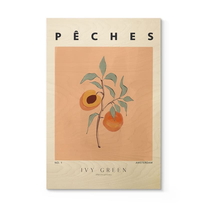 Plakat drewniany Soczyste brzoskwinie - Ilustracja Ivy Green
