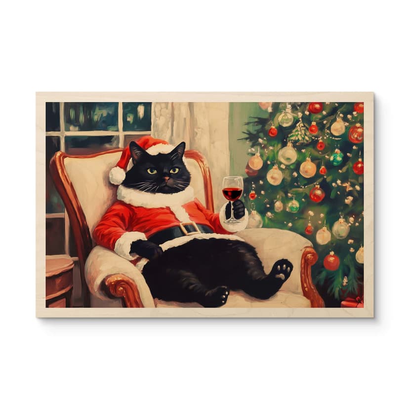 Obraz drewniany świąteczny kot z winem - Melloi Art Prints