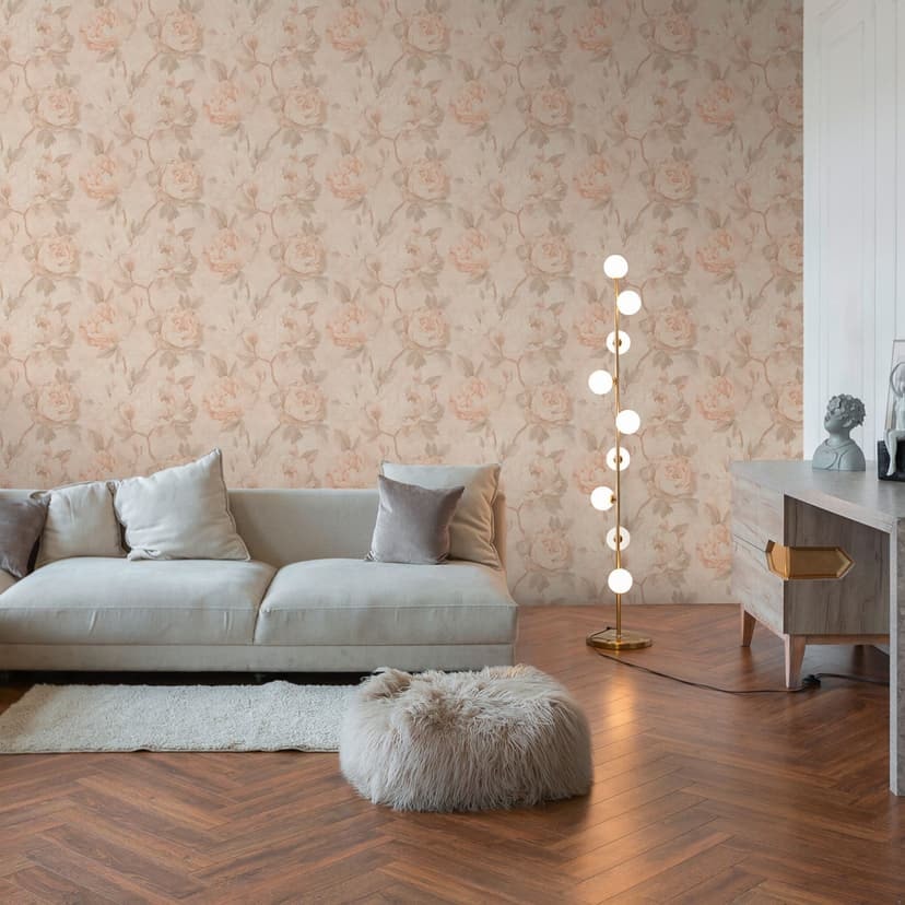 Tapeta w kwiaty peonie morelowy beż - Tapeta z włókniny o matowym wyglądzie vintage
