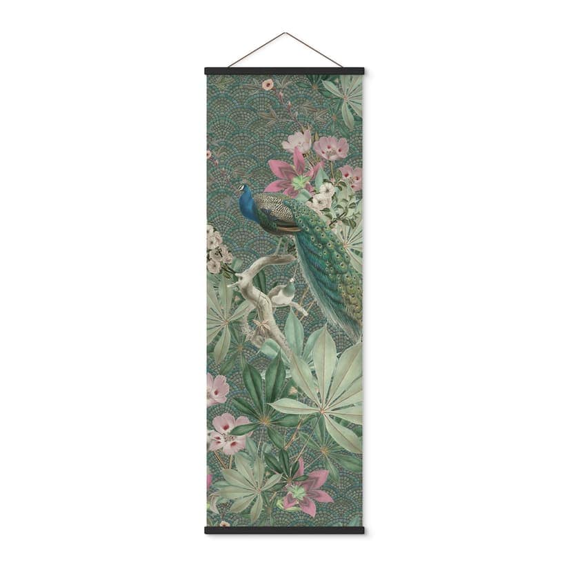 Obraz z tkaniny Paw w tropikalnym ogrodzie na mozaice - Bloomery Decor - Panorama