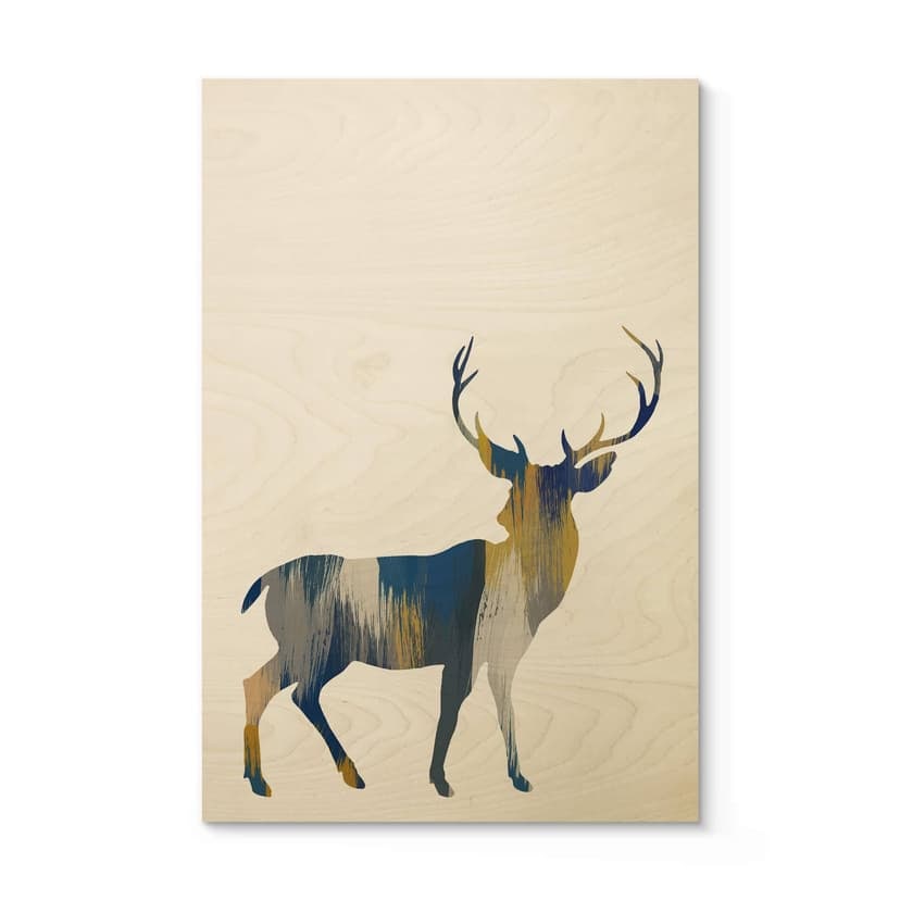 Plakat drewniany Orara Studio - Jeleń niebiesko-żółty