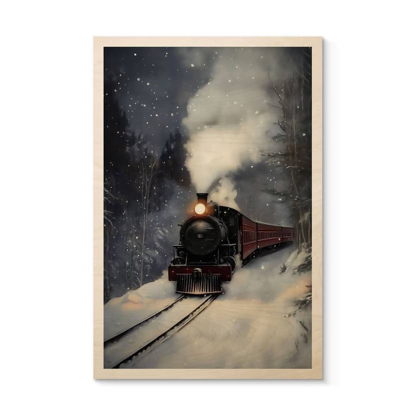 Obraz drewniany lokomotywa parowa w zaśnieżonym lesie - Melloi Art Prints
